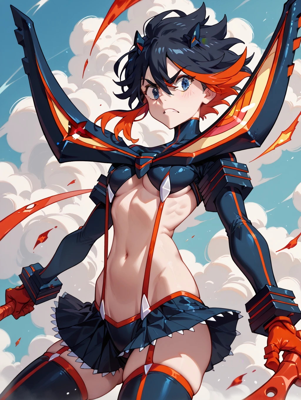Ryuko matoi from kill la kill almost naked wirh skimpy revealing cloth pieces and red sharp straps in action fighting pose with giant scissors