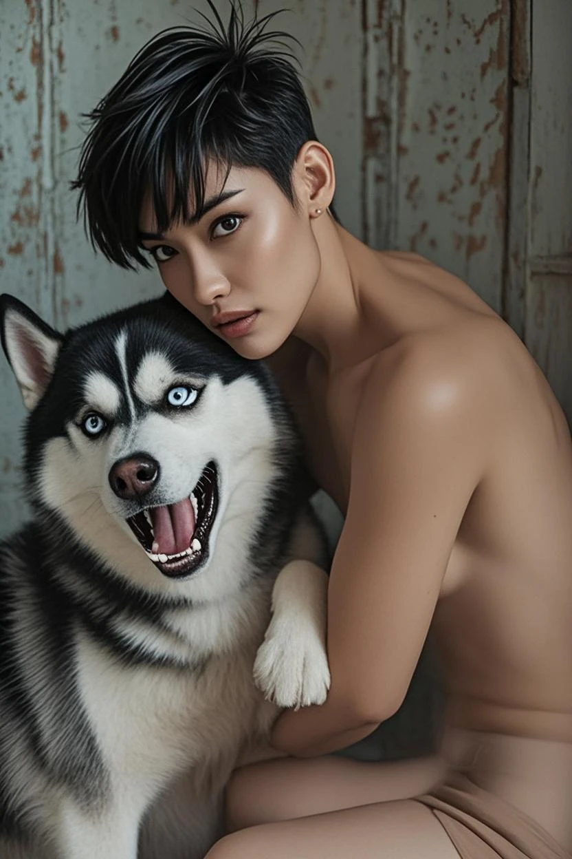 Create a Park Jimin image with a semi-long cut, blond hair and a white shirt open at the chest, Black pants, red eyes and with a white wolf next to him with yellow eyes 
