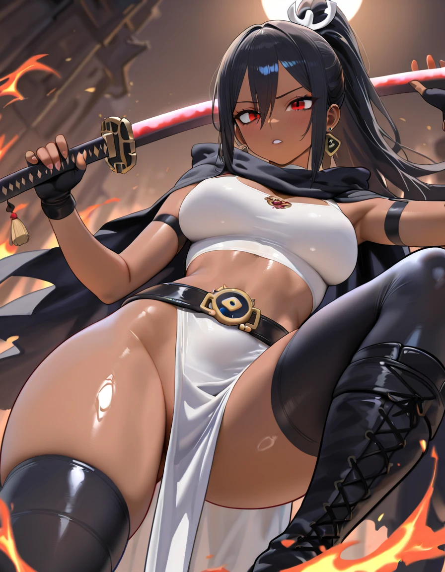 8k, Mejor calidad, obra maestra:1.2), (Realista, photo-Realista:1.37), ultra detallado, 1 chica,lindo, Solo, (tifa lockhart), (pechos enormes:1.5),(beautiful detailed ojos), (Sonrisa:1.2), (boca cerrada), erotic pose, baile, outside an industrial factory, profundidad de campo, sombras oscuras e intensas, Sharp focus, profundidad de campo, buena composicion, Luz verde brillante, Final Fantasy VII, (Camiseta sin mangas blanca, top escotado, escote:1.3), (Black leather mini skirt with belt:1.3) (rojo gloves and boots) (cuerpo completo:1.5), reposacabezas, labios, cara bonita, pelo largo recogido bajo, ((rojo_ojos:1.3)), (noche:1.2), intrincado, bokeh, cinematic lighting, mapeo de fotones, radiosidad, physically based rendering, (Estilo Tetsuya Nomura), NSFW, pechos perfectos, vista desde arriba