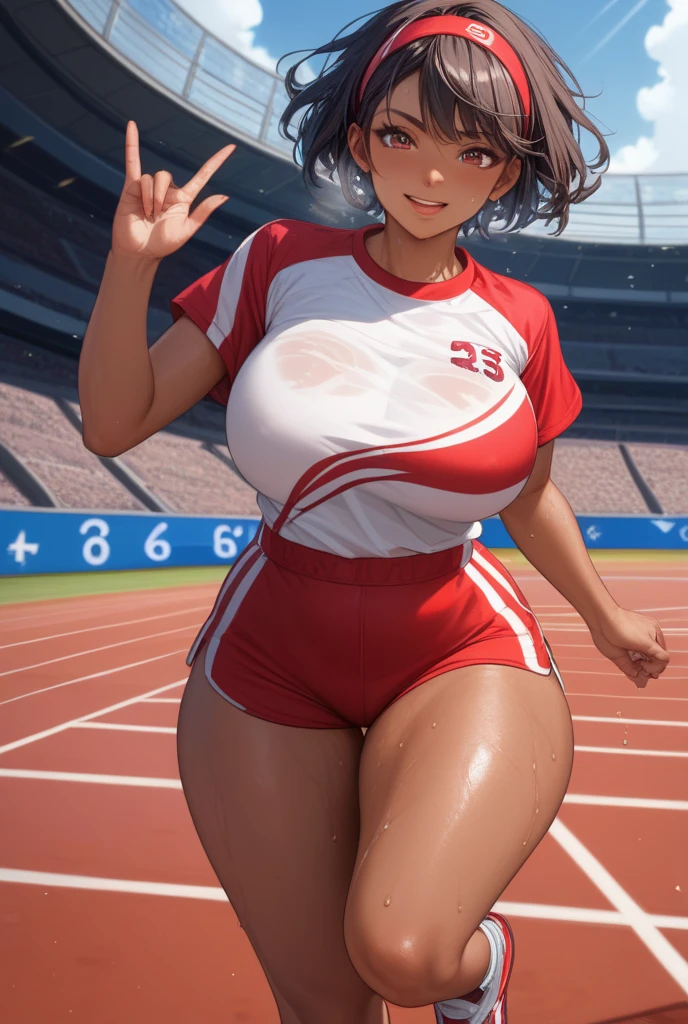((​masterpiece, in 8K, high resolution, Photorealistic)), (Masterpiece, Sidelight, Fine Beautiful Eyes: 1.2), armpit pose, Armpit, Female track and field athlete standing on the stadium, (((1girl in:1.4))),((((solo:1.4)))), Detailed face, Very beautiful face,((a smile:1.4)), ((Spread legs)), BREAK (((well-muscled:1.5))), (covered nipples:1.5), perfect chest:1.4, ((big butts:1.4)), (((thick thighs:1.5))), no-bra, ((High Leg Racing Bloomers:1.4)), (wearing track and field shoes:1.3), BREAK The background is the track and field stadium, (((frontage:1.4))) BREAK Crotches are open, Smiling, Spreading your legs, Squatting, Angle looking up from below, Crotch show off