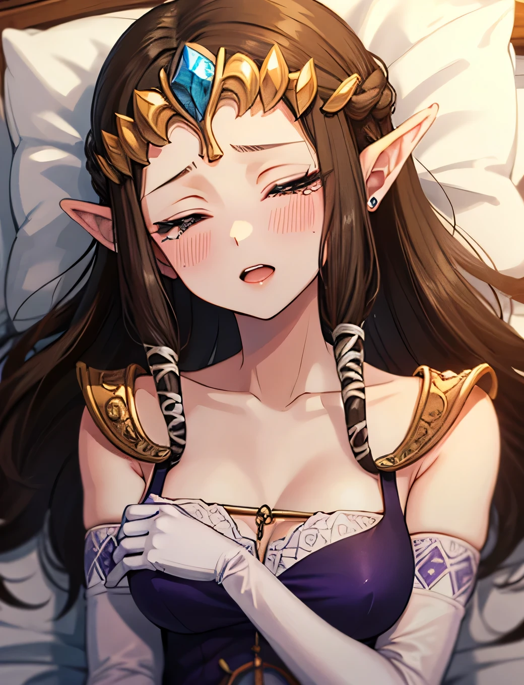 ((Show your armpits)),((((Exposed breasts)))),((overhead shot)),((Exposed shoulders)),((((upper body)))),((Crying)),,((alone))Anime art style,masterpiece,(Highest quality), (Super detailed),(Very delicate and beautiful),(alone),(Detailed face ),(((Close one eye))),(((((Mature Woman,Queen))))),((Very beautiful portrait)),((crinoline)),,((Long Straight Hair),((Close your eyes)),((open mouth)),(((Purple blouse))),((Embarrassed expression)),((Dark brown hair)),Blushing,Princess Zelda, ((highest quality)), (Very detailed), ,(((Constraints))),beauty,Beautiful,Princess Zelda, twpr,)),
((in bed))nintendo, the legend of zelda
