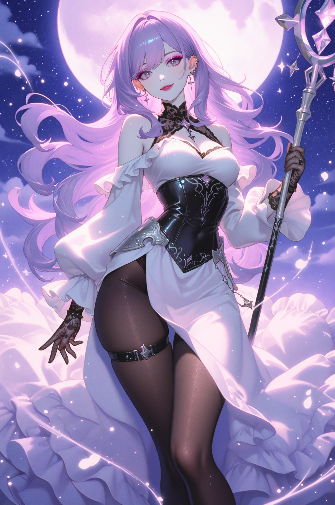 （（masterpiece：1.4，best quality）），（Super detailed），（Extremely detailed eyes），（Shiny socks：1.5），Hello Darkness
（Cute girls），15 years old，（Blood-red pupils，Diamond-shaped pupil：1.15），Purple Eyeshadow，（elongated hair，Thick hair，Single ponytail，shiny hair：1.5）（Changes through：1.2），despair，sad，Empty eyes，tears streaming down my face，tilting its head to the side，
（She wore a blue dress，：1.5），（Black gloves：1.4）Very long plush sleeves，White，White Cloud，Dream bubbles ，Ice and glitter effects
（Black long skirt：1.1），
（（Starry Sky：1.2）），
（Intense black and white：1.16），（Depth of Field：1.4），，Intricate details，(((Detailed background，Castle in the Sky，Purple flowers by the lake)))，(((Huge breasts，Bare breasts，Deep cleavage，White stiletto high heels，Transparent clothes)))