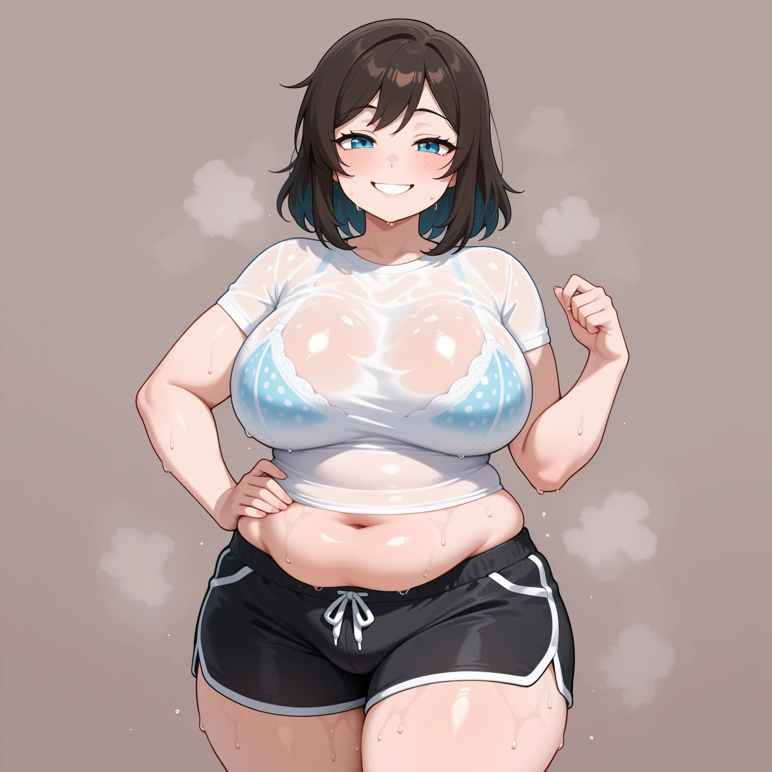 masterpiece, best quality, ultra-detailed, Potrait of beautiful , (chubby) (sexly), (plump), (mature woman), (sexly), (Nude), ((tomboy)), (アニメ), (Saggy breasts), (Plump), ((very short hair)), (boyish), (fat), (high school student), (naughty), (young), (overweight), (Short Hair), (pudge face), (cute), (blue eyes), (Nude), (Gray Hair), ((thick)),