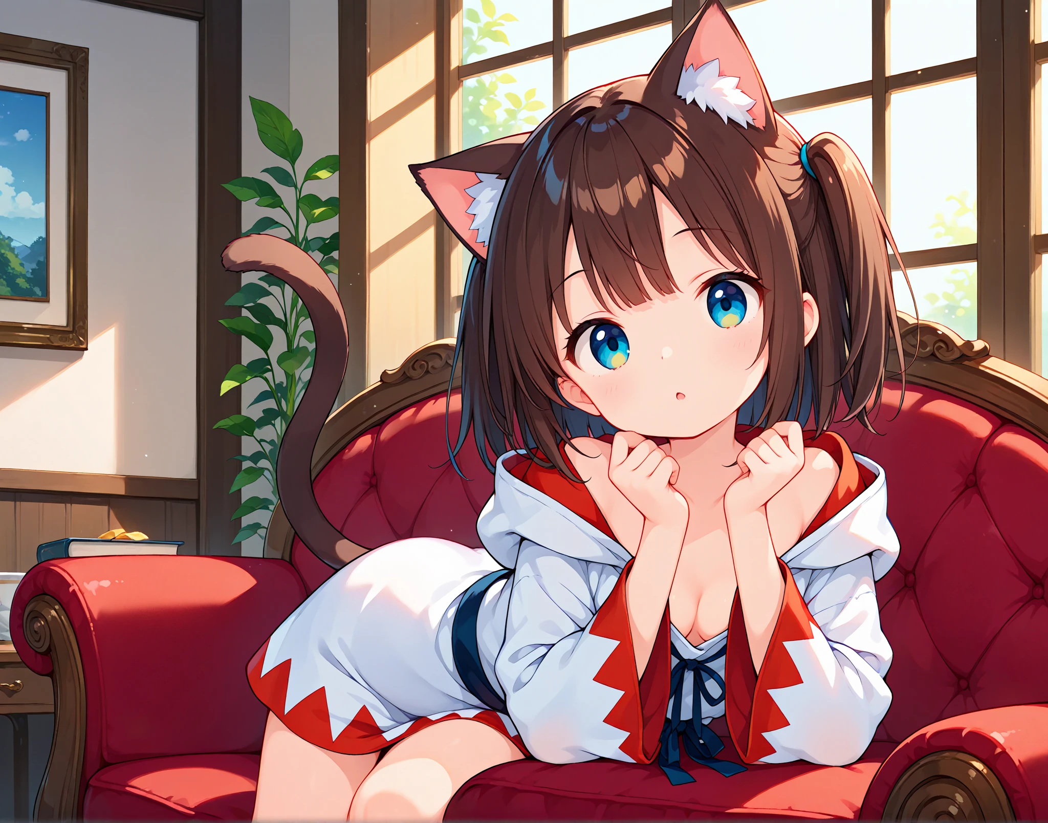 masterpiece, (Best Quality:1.4),(Perfect Anatomy:1.4), High Quality, very_high_resolution, Ultra Detailed, large_filesize, Full Color, Detail, 8K, 4K, High Resolution,Symmetrical,Extraordinary, Best Aesthetics, New, Latest, Very Detailed, Anime, Detailed Beautiful Face and Eyes, Very Detailed Body, Very Detailed Hair Lovely Hands, Perfect Hands, Beautiful Hands, One Girl, Cat ears, (big breasts, brown hair, semi-long hair, twin-tailed hair, light smile: 1.5), (girl sitting upright on a tatami mat in 3 tatami mats, metallic pink maid bikini: 1.4), (from above, looking forward, cowboy shot: 1.2), (mouth open, 17 years old, brown hair, short hair, cat ears, aqua eyes, barefoot, slender girl), ( 3 Japan apartment, daylight, light),