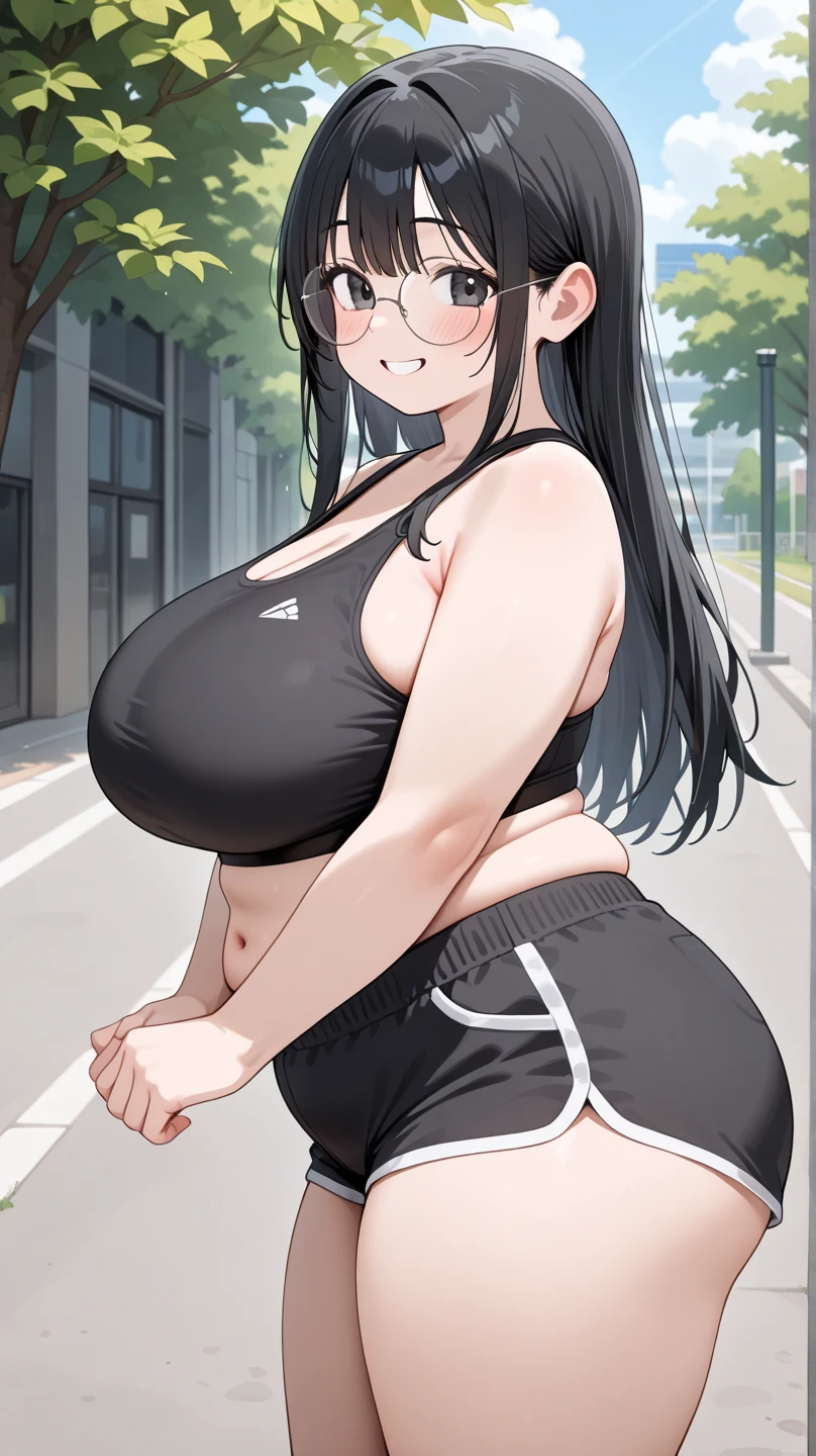 2heads, tall chubby woman with 2 heads. Massive breasts. Mother. Freckles. Outside on park trail. Wearing sports bra, wearing leggings. Straight long brown hair in a bun. Blushing. Happy, smiling. Thick eyeliner. Gorgeous thin mature face. Seductive. Huge thighs. Wife. Blushing. Breathing heavily. 