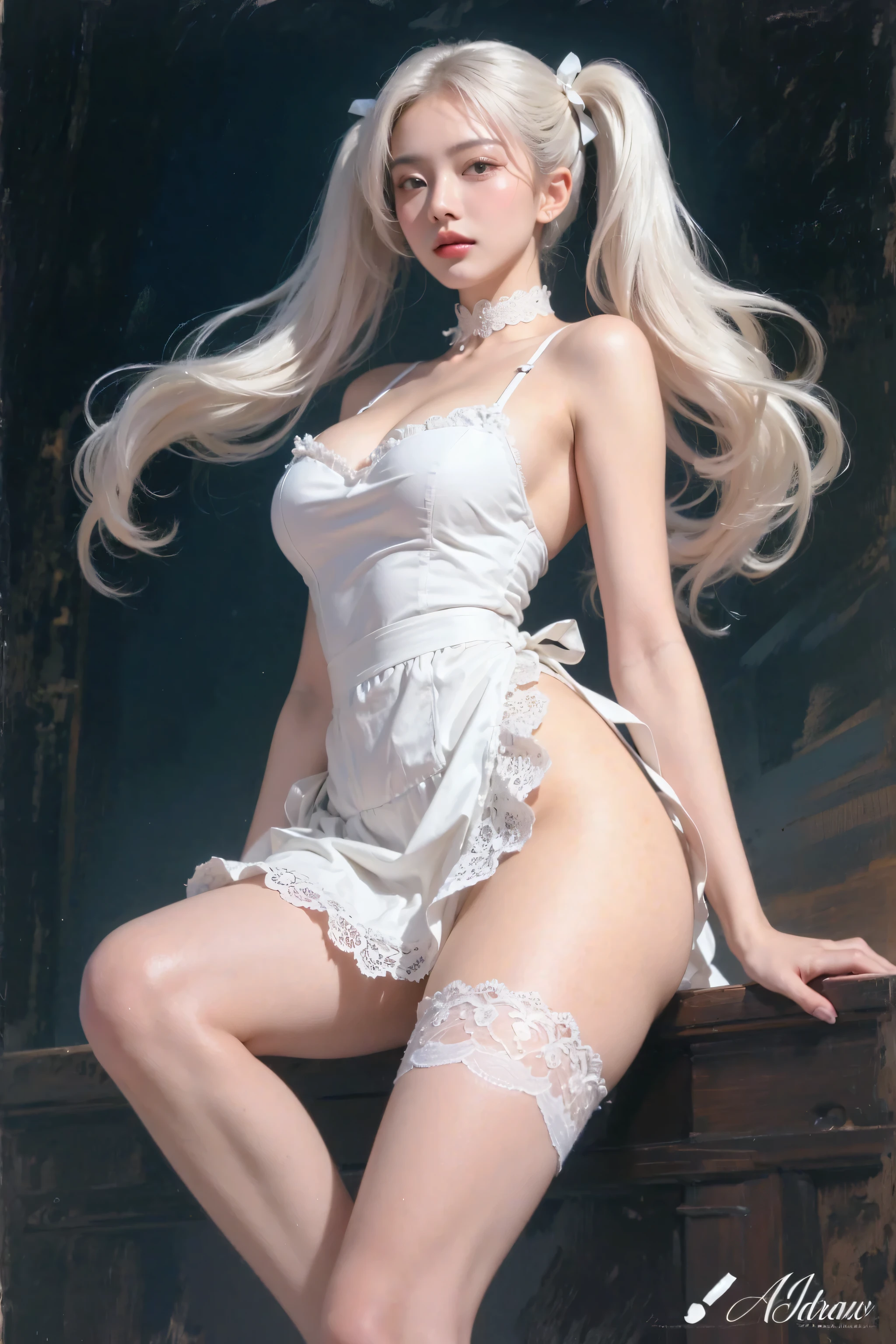 Long hair white suspender stockings erotic lingerie full body photo big breasts