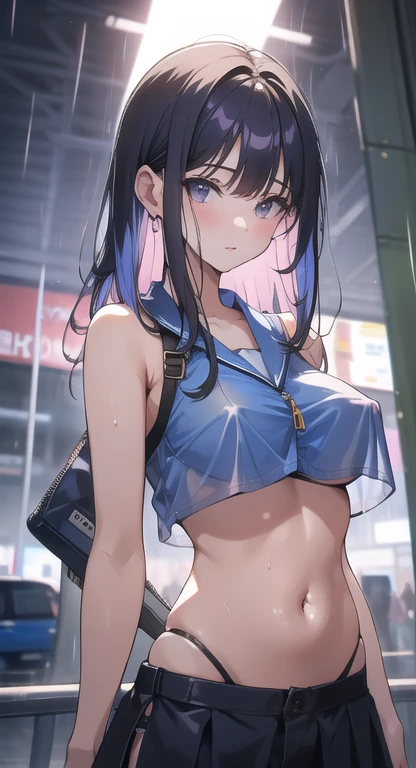 Tazune rirei, nsfw, 8k, ultra-detailed, Masterpiece, best quality, perfect lighting, (loli:1.5), aqua eyes, black hair, ponytail, short chest, ((nipple peek)), ((pink areola)), navel, ((shirt lift)), 1girl, solo, day, looking at viewer, street, standing on street, white shirt, ((shorts)), thigh-high socks, sneakers, portrait, bokeh, blush, embarrassed, ((spoken heart)), ((close up face))
