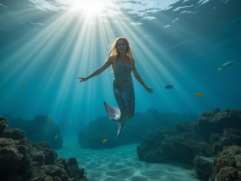 (long hair:1.2), (photorealistic,professional,highres), vibrant colors, underwater, 1m under the surface, Lara Bauer, 22-year-old woman, beautiful eyes and smile, (gelbbraune blonde Haare:1.7), (blonde kleine Augenbrauen), bright grey-green eyes with great details, glattes haar, (eckiges Gesicht: 1.4), (Langes Gesicht: 1.5), sun rays through water, sparkling reflections, underwater plants, serene atmosphere, sport schwimmanzug, (Full body shot:1.8), ((distance shot)), wide shot
