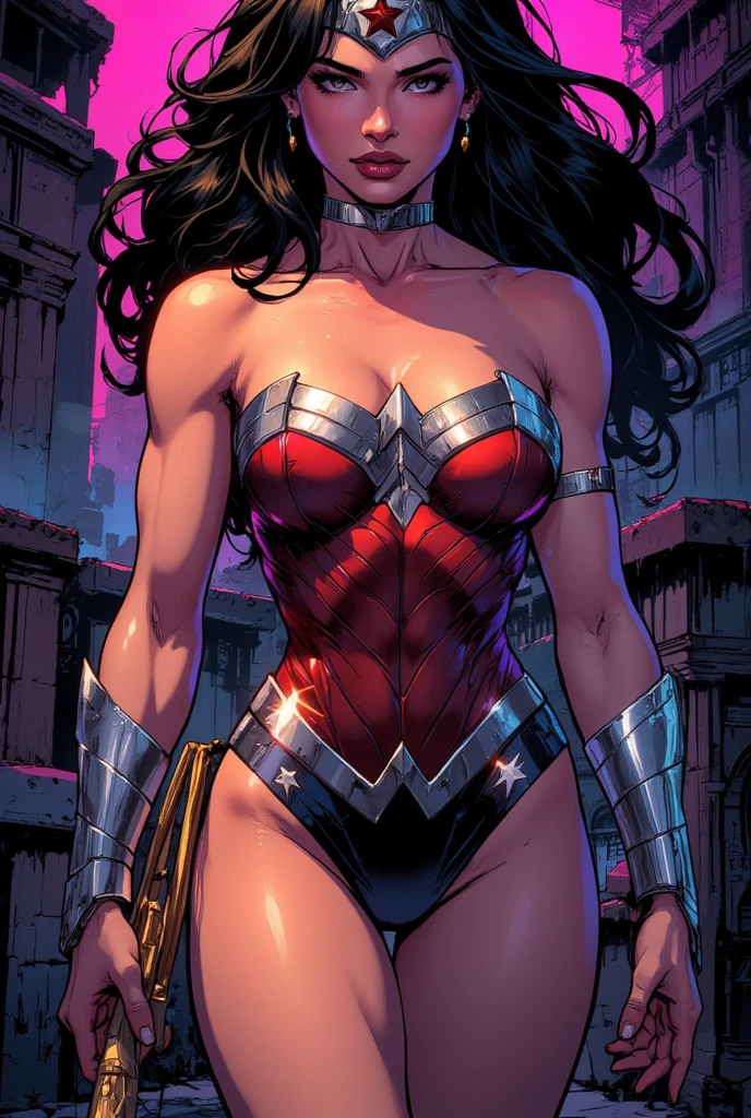 Sexy beautiful Wonder Woman (New 52) . portrait photography by artgerm, in the style of realism, glistening skin, cartooncore, mangacore, natural lighting, Defined full lips. fitness feminine body full body