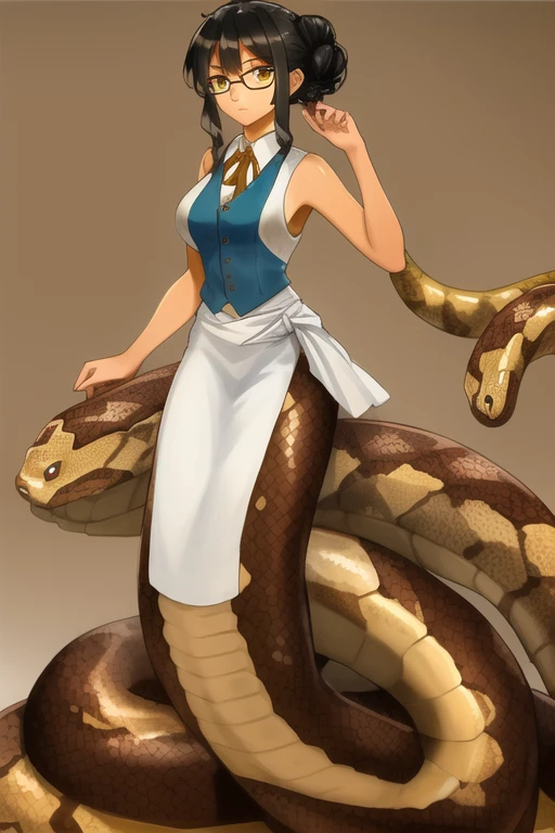 Monster girl, (((snake skin))), ((snake girl))z (((scales on body and arms), ((solid color)), 8k, masterpiece, hi-resolution, best quality, hi-res, Top Quality, High Quality, High Resolution, maid dress, maid frill, hourglass figure, large hips large breasts, , maid uniform, tan skin