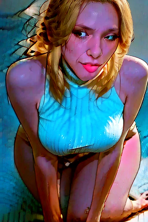 1girl, sexy 18 year old blonde girl is wearing a micro bikini top, no bottoms, showing her vagina, looking at camera, eye contact
