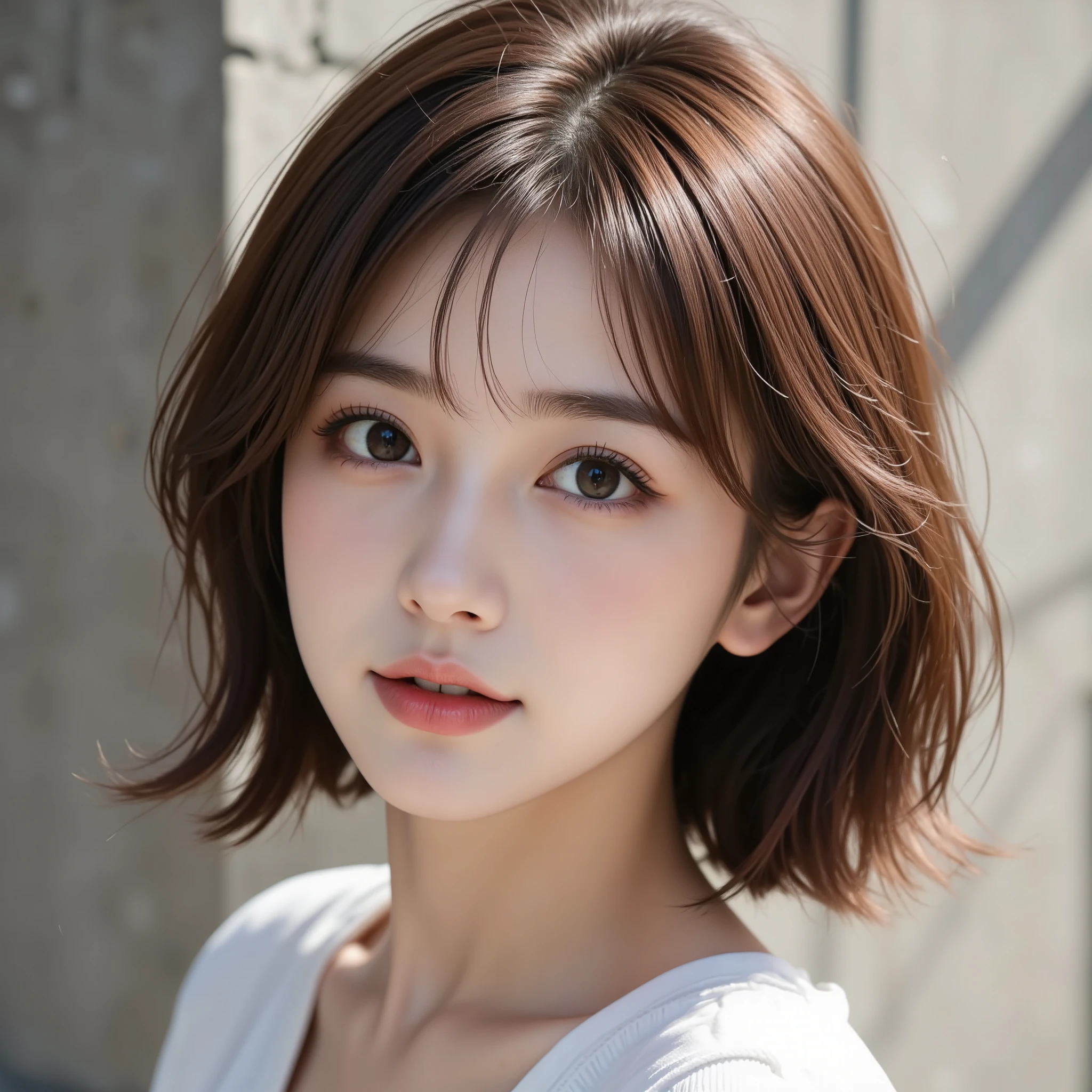 NSFW, (Uncensored), (Highest Quality), (Ultra-Precise CG 16K Wallpaper), (Realistic), (High Saturation), (Sharp), Beautiful Detailed Shading, Beautiful Natural Lighting, Beautiful Detail Glow, Natural Light, Depth of Field, (Mature 24 year old woman, One person), (Beautiful Japanese face), (Soft wavy bob hairstyle with bangs down), (Shiny brown hair), (Sparkling eyes), (Afternoon sunlight), (Woman smiling with mouth open: 1.5), (The woman is looking at me), (Standing pose), (Concrete wall), (Full screen image), (Close-up shot of woman's nose), (Image of woman looking at diagonal front), (Woman standing in front of wall),