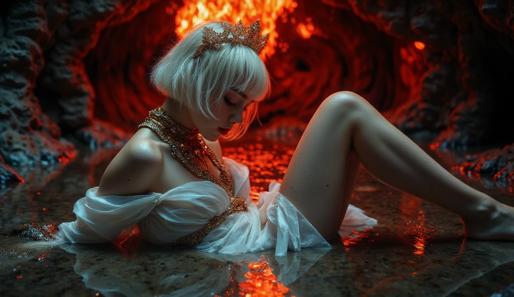 A girl with long white hair sitting wearing a silver glove holding her breasts with her hand and wearing a long transparent silver skirt,She will be sitting with her back to me and I want the floor with water and some roses on fire next to the water there will be black and white petals she will have wet hair and looking back,I want the black background