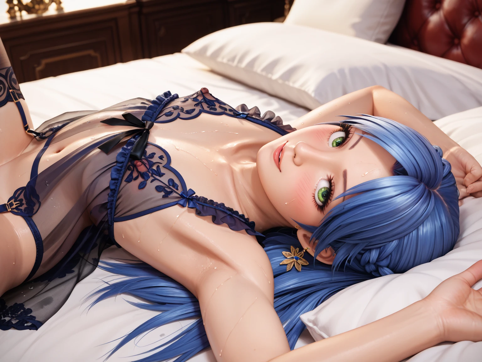 Illustration, cinematic light, high resolution, best quality, super detailed, detailed face, (detailed eyes), highest quality, super detailed, masterpiece, (detailed face), pretty face, best smile, sexy mature woman fluttered (pajamas: 1.5), ultra detailed embroidery, choker, NSFW, blue eyes, neon small shiny hair edges, D cup, cleavage, AI fantasy super luxurious room: 5, Sparkling interior with neon details, (on a cute bed: 1.15), (sit-in: 15), (morning sun shining through the window), light reflection, heart-shaped iris, playful eyes, open shoulders, hair jewelry, panties, cute panties: 1.5, close-up