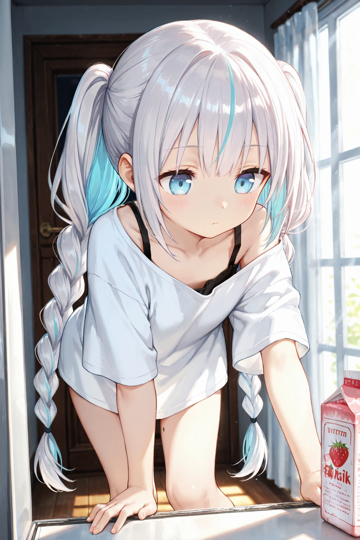 Silver Hair、Blue Eyes、girl、Small breasts、Twin tails、girl、Small breasts、Lolita、Bright smile、Looks about 15 years old、Petan Musume、short、目のhighlight、Sexy thighs、(length, High neck, Sleeveless sweater:1.3)、Your eyes are so beautiful、highlight