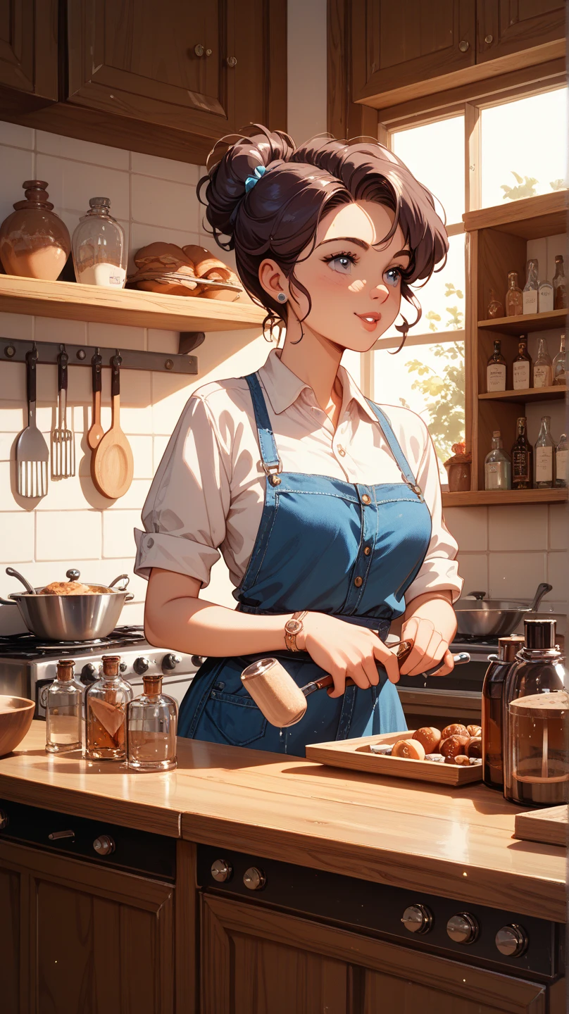 thicc housewife, from front, in a kitchen, apron, ponytail, wide hips, big booty, coffee, breakfast , cleaning the table, bending forward, cleavage