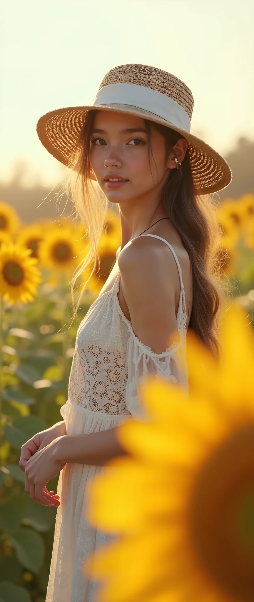 highdefinition images、Fuwa Aika、One personの女の子、One person、anime(White Lace Dress:1.2)、Relaxed Dress(Sun Visor Hat:1.2)、Sunflower field、Under the sun、ogipote 、WATCH VIEWER、wind、dynamic、Strong Light and Dark、dynamicなポーズ、