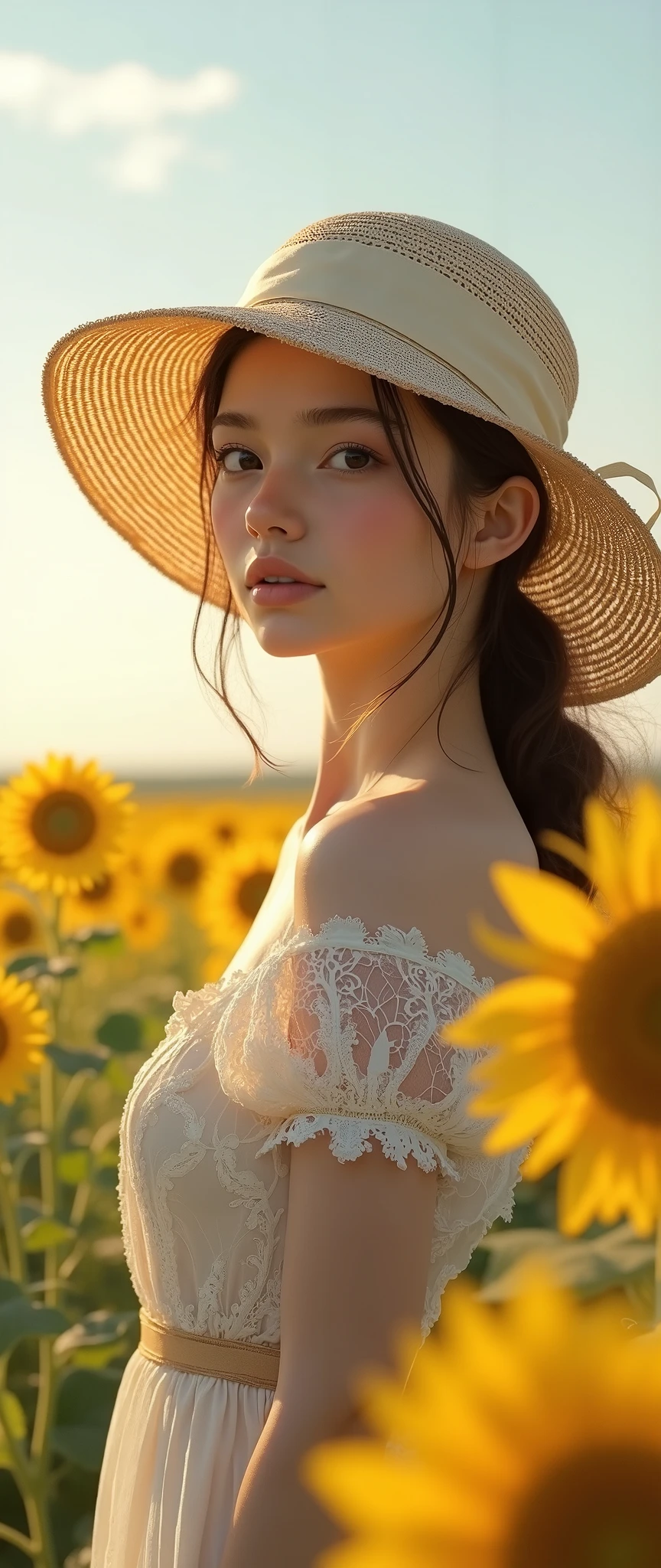  highdefinition images、Fuwa Aika、One personの女の子、One person、anime(White Lace Dress:1.2)、Relaxed Dress(Sun Visor Hat:1.2)、Sunflower field、Under the sun、ogipote 、WATCH VIEWER、wind、dynamic、Strong Light and Dark、dynamicなポーズ、