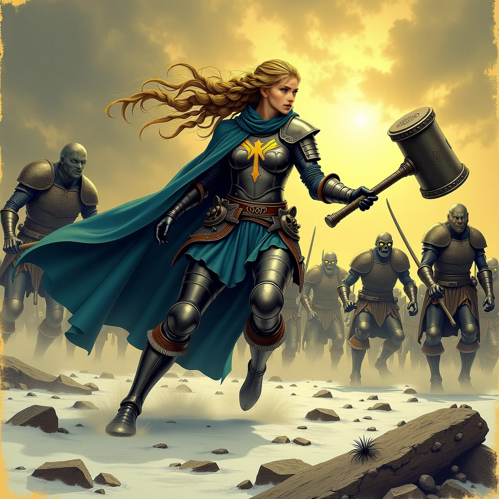 A highly detailed, cinematic illustration, rendered in the precise black and sepia ink illustration style of Gary Gianni, drawing heavily from 19th-century dark engravings and European fantastic realism, with a subtle contemporary digital finish. The image features a yellowed, aged parchment background, giving it the appearance of an ancient drawing, and has a 16:9 aspect ratio.

The central figure is **Flamenzel**, a young and athletic woman with defined muscles and natural, attractive curves (subtly implied by her armor and pose). Her **long, blonde hair is braided in a single prominent braid that does not pass her waist**, and is being whipped dynamically by a strong wind. She has a **determined, fierce expression**, and **striking emerald green eyes** (which are the *only* elements with their vibrant color, piercing through the monochrome scene). She is wearing her characteristic **armor of mail and leather, with voluminous pauldrons, and a blue cloak** (rendered in sepia tones, except for the hammer symbol if visible). A **golden hammer symbol** is subtly visible on her cloak or part of her armor.

Flamenzel is depicted in the midst of a **fierce and dynamic battle against a horde of grotesque and decaying undead creatures**. The undead are varied, some with tattered clothing and exposed bones, others with glowing blue eyes (very subtle, ghostly tint if present). Their movements are aggressive and horrifying.

The background is a **desolate, snow-dusted battlefield**, strewn with broken weapons and debris, hinting at previous conflicts. The **sky is stormy and brooding**, with dramatic, harsh lighting that emphasizes the chaos and the struggle. The focus is on Flamenzel's **dynamic pose and determined expression as she fights with her one-handed war hammer**, which emanates a strong, pulsating golden light, clashing with the dark, corrupted essence of the undead.

The linework is highly detailed, with **strong chiaroscuro and intricate cross-hatching** to creat