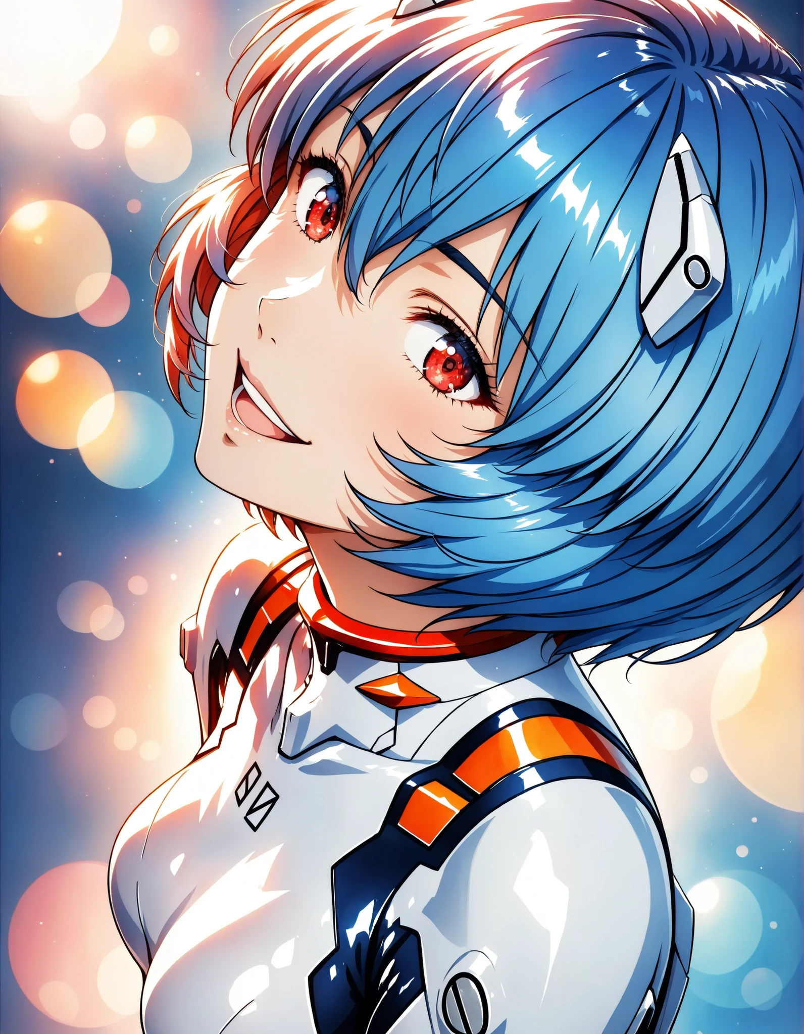 high quality beautiful woman, 1 woman, upper body, from above, Laughter, Close One Eye, ayanami rei, red eyes, short hair, blue hair, , bangs, hair between eyes, medium , , white , interface headset, plugsuit, shiny texture, warm lighting, Portrait, anime style:1.4, 4K, Professional, vivid colors, Bokeh.