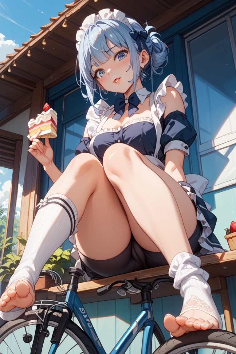 (small breasts:1.2), (perky chest:1.2), (pointed chest:1.2), (Pudding cake magazine cover:1.3),(from below:1.0),(shoot from the side:1.1),masterpiece, 1girl, Amazing Cleavage:1.1, thin waist, optimum,tmasterpiece,hight resolution,best qualtiy,hyper HD,super detailing,awardwinning,a 18yo cute girl,(The upper part of the body),anatomy correct,Beautiful Black miniskirt,garters,Gaze,Small face,bangss,holster,Beautuful Women,hands up,leg holster,Gaze,black boots,Cowboy Shot,cute face,a blond,Longhaire,Twin-tailed,Braids, Hairline,(scarlet eyes),long eyelasher,Hanging eye corners,White skin of the, ((see through camisole:1.1)), ((Sheer nipples:1.0)),Rocket ,(Slim body),smile,seductive weak smiling,(with sparkling eyes and a contagious smile),little open mouth, Looking at Viewer,