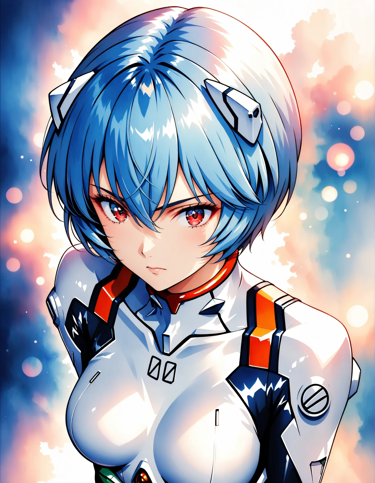high quality beautiful woman, 1 woman, upper body, from above, Laughter, Close One Eye, ayanami rei, red eyes, short hair, blue hair, , bangs, hair between eyes, medium , , white , interface headset, plugsuit, shiny texture, warm lighting, Portrait, anime style:1.4, 4K, Professional, vivid colors, Bokeh.