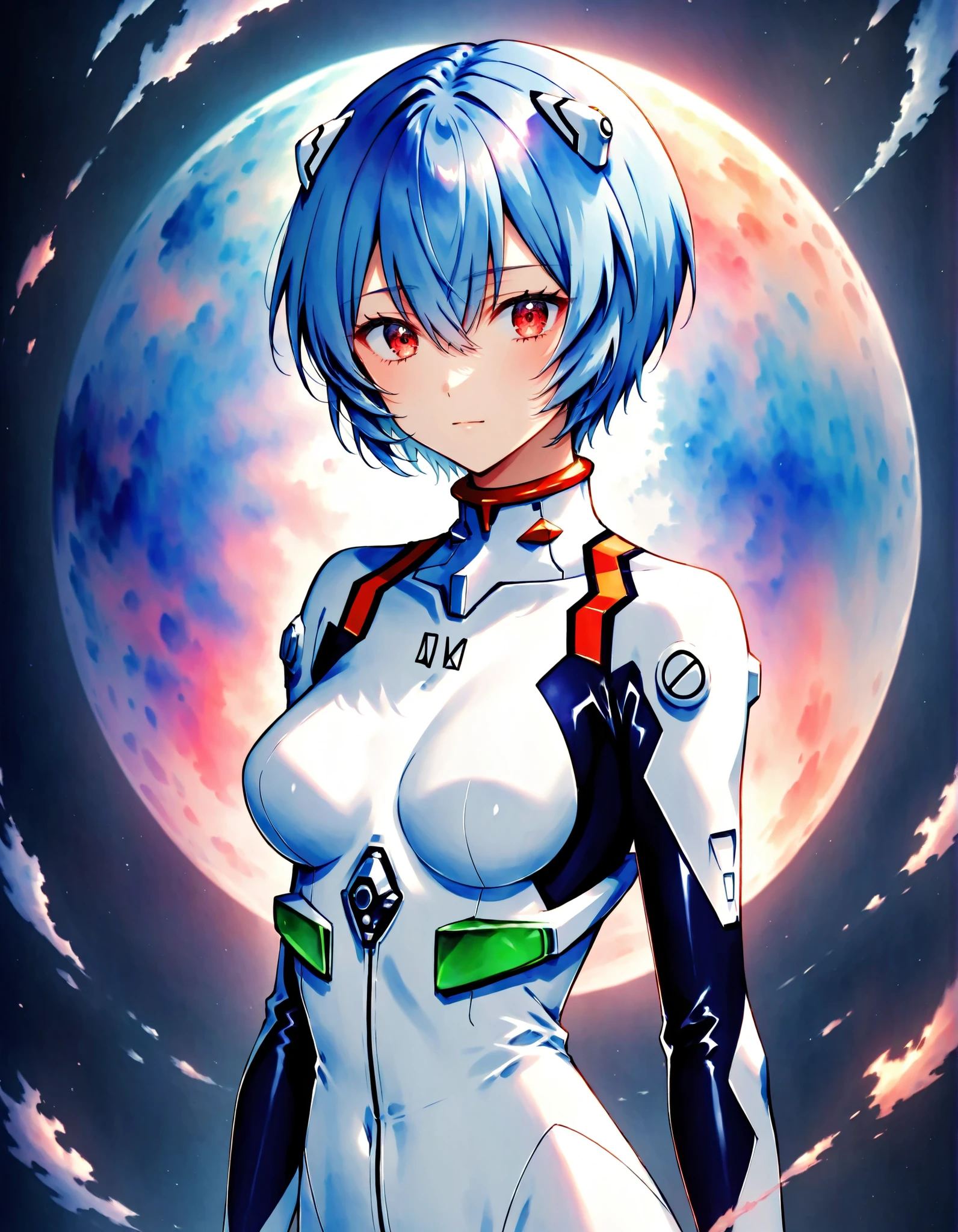 masterpiece,best quality,bracer, science_fiction, official_alternate_hairstyle, night_sky, closed_mouth, gloves, sky, looking_afar, cloud, neon_genesis_evangelion, pale_skin, 1girl, rebuild_of_evangelion, looking_to_the_side, solo, ayanami_rei, lunar_eclipse, night, medium_breasts, expressionless, eclipse, white_bodysuit, breasts_apart, bodysuit, upper_body, backlighting, starry_sky, moonlight, plugsuit, outdoors, hand_up, slit_pupils, official_alternate_hair_length, full_moon, star_(sky), turtleneck, evangelion:_3.0+1.0_thrice_upon_a_time, interface_headset, sidelocks, frown, moon, hair_over_one_eye, breasts, pilot_suit