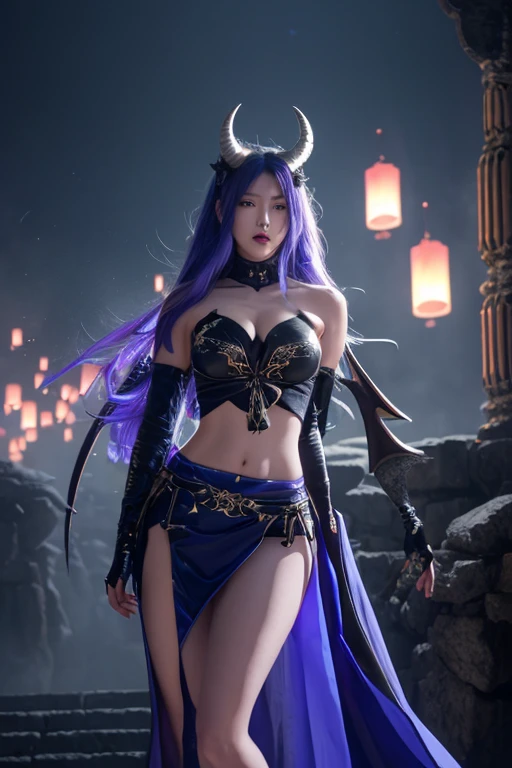 2 Female tiefling/half-elf with heterochromatic moonlight eyes with pale skin, neon blue hair, accentuated super huge enormously gigantic tits, cleavage showing, sexy seductive slutty pose, tattoo sleeves and piercings, leather corset with lots of straps buckles and zippers, micro thong lace panties oni horns and a white snake companion, flower pedals and butterflies blowing in the wind, enchanted cosmic aesthetic atmospheric dreamlike background