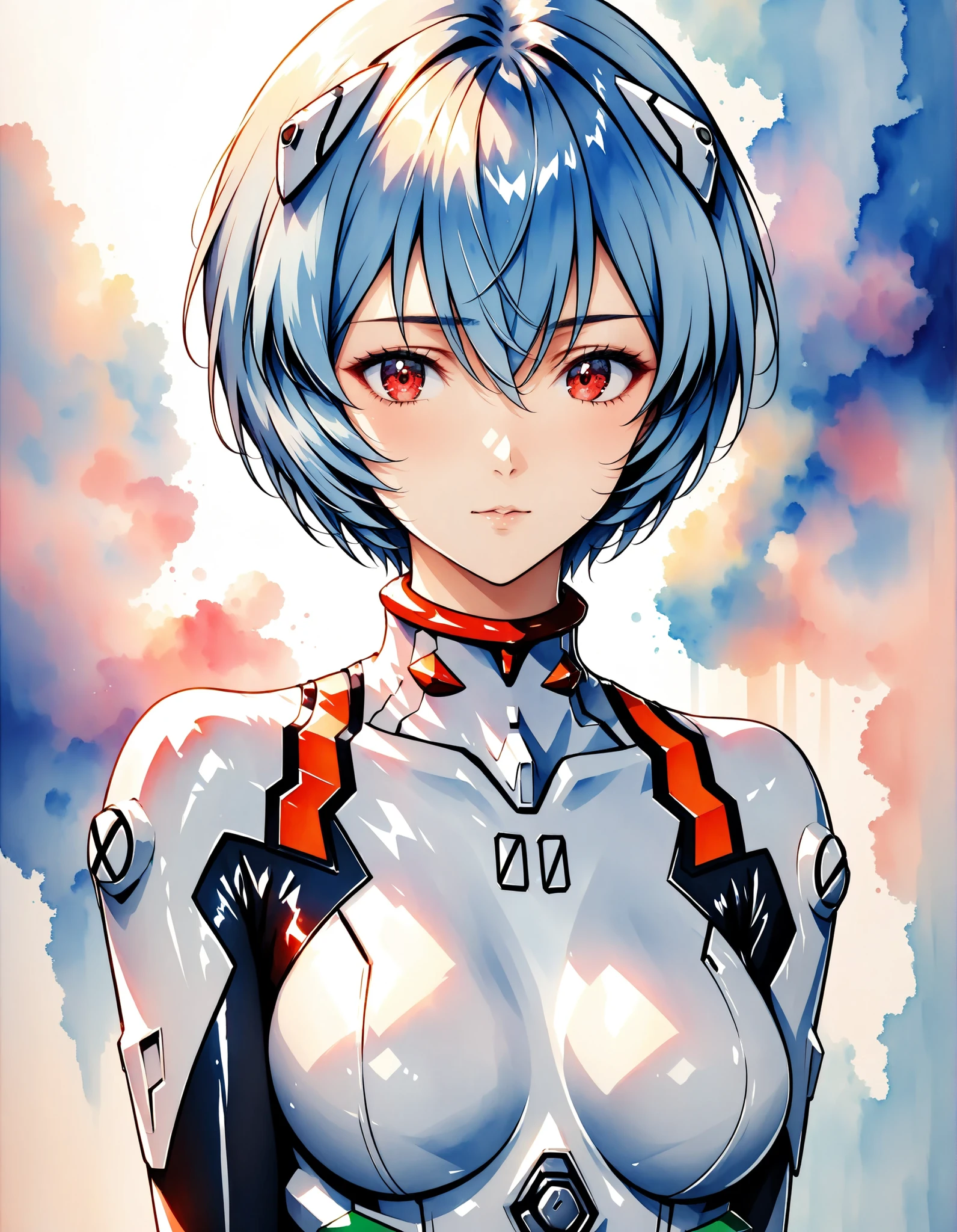 (masterpiece, best quality, absurdres:1.2), Rei Ayanami wearing plugsuit, neutral expression, colorful swirly background made of paint splashes, by Hideaki Anno, wearing plugsuit, white plugsuit hair clips, light blue hair and red eyes
