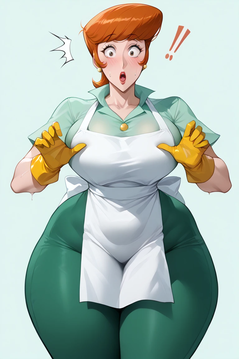Full body image of Dexter's Mom from Dexter's Laboratory, full body in image, wearing her original outfit (yellow rubber gloves, green dress with white apron, red hair in a bob cut, and white shoes), short hair, female body, curvy and voluptuous body, dynamic pose, detailed pose, simple background, expressive face, focus on face, line art, sketch