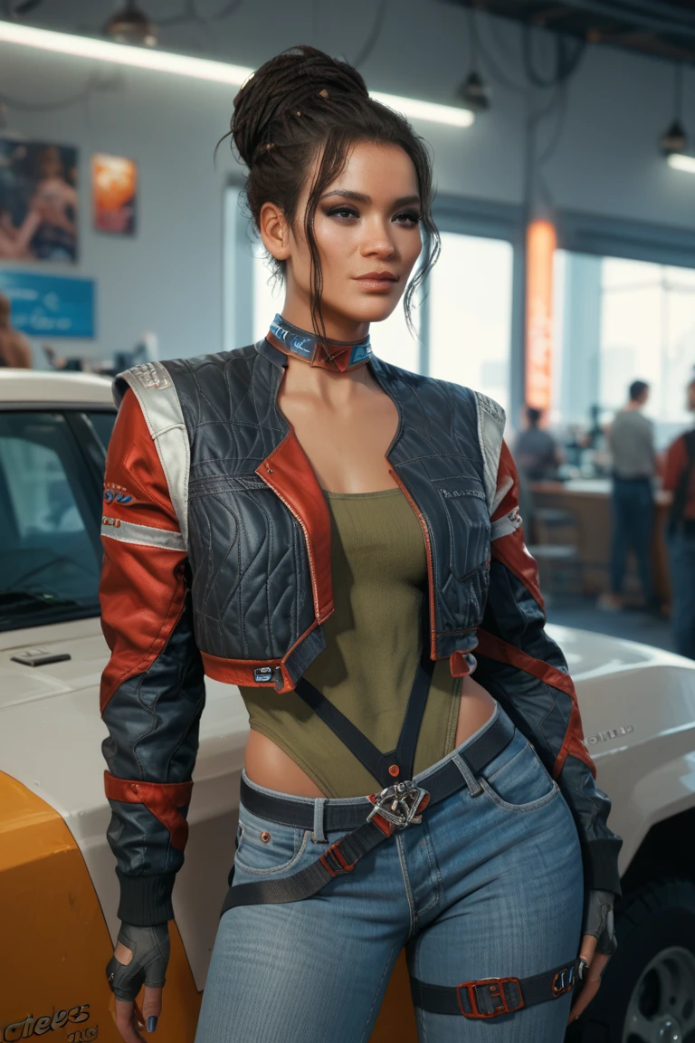 choker, fingerless gloves, cropped jacket, jeans, leotard, belt,dark skin, single hair bun,panampalmer,perfecteyes,