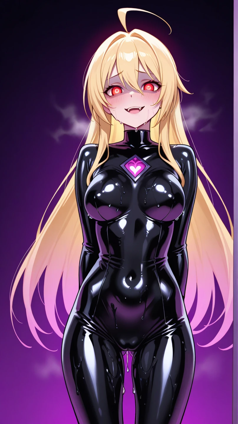 Erotic　Lusamine, tall, busty, blonde, mature, married woman, female executive in shiny purple rubber suit, red, black background, heart, bedroom, dark theme, evil, temptation, excitement, condescending smile, sexy pose, upper body emphasis, lying on man, angle from below, bat wings