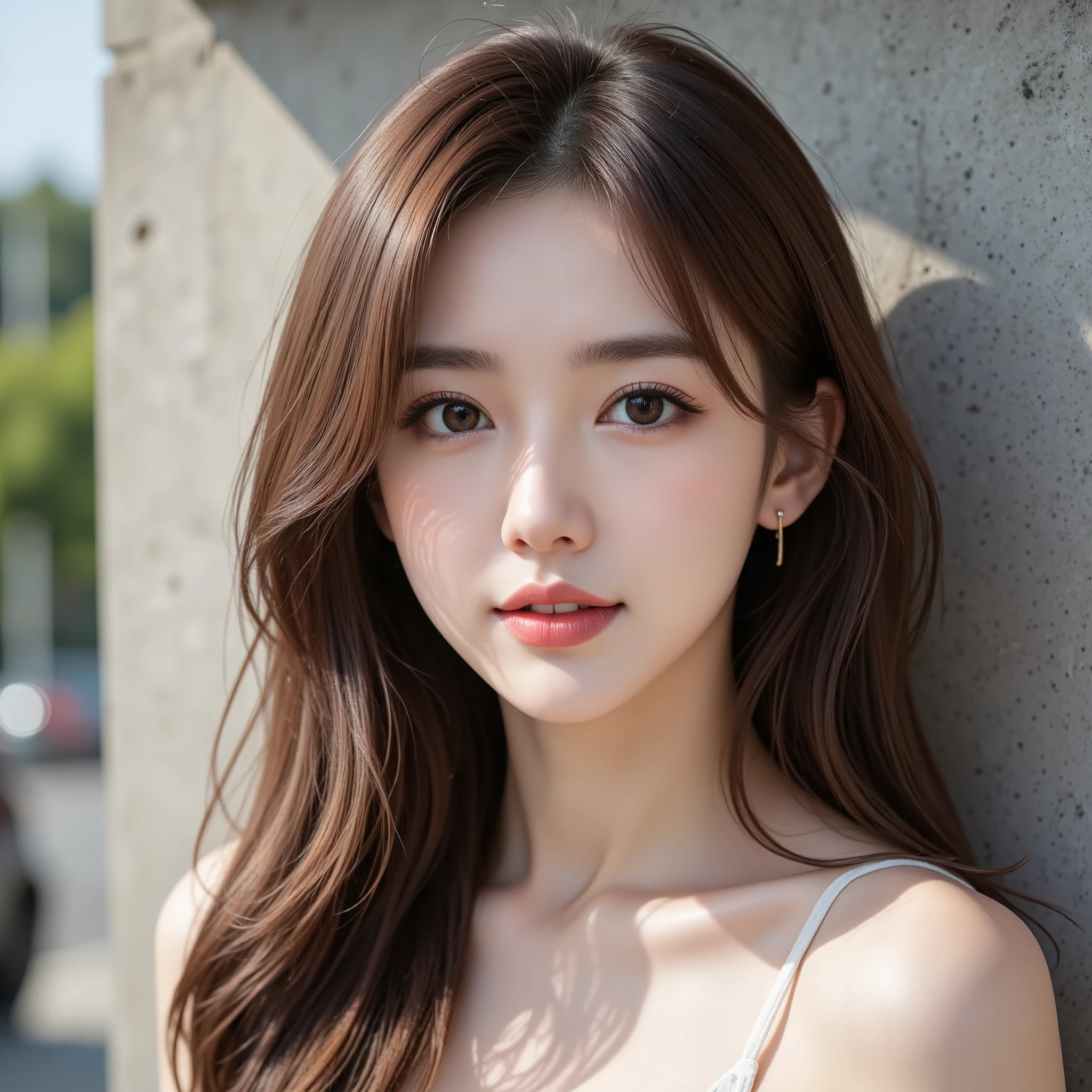 NSFW, (Uncensored), (Highest quality), (Ultra-precise CG 16K wallpaper), (Realistic), (High saturation), (Sharp), Beautiful detailed shading, Beautiful natural lighting, Beautiful detailed glow, Natural light, Depth of field, (Mature 24 year old woman, One person), (Beautiful Japanese face), (Soft wavy long hairstyle with bangs down), (Shiny brown hair), (Sparkling eyes), (Afternoon sunlight), (Woman smiling with mouth open: 1.3), (The woman is looking at me), (Fully nude), (Standing pose), (Concrete wall), (Full screen image), (Close-up shot of woman's nose), (Image of woman viewed from three-quarter front), (Woman standing in front of wall),