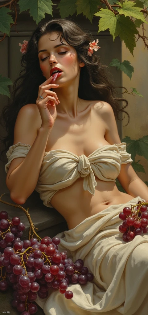 old painting, Baroque, Renaissance, Caravaggio,naked woman, Covering yourself a little with fine cloth, with hands on chest, holding a piece of bread,and shocking look, great high contrast handling,from clear to dark, black dark background, visual impact, Rembrandt,