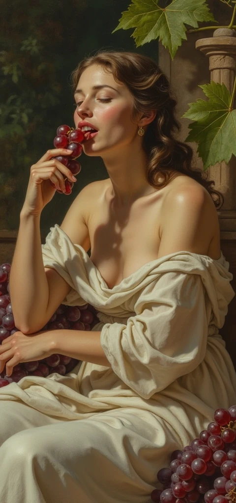 Image of a naked woman, black hair, slender big , portrayed in a lush oil painting style with dynamic, rich strokes and a palpable thickness of paint evoking a sense of movement, set against a beautifully rendered vineyard bathed in golden sunlight. The composition merges historical elegance with contemporary sensuality, emphasizing the graceful curves and form of the body, while the background features sprawling grapevines and soft hills that add depth and warmth, creating an inviting and harmonious atmosphere.