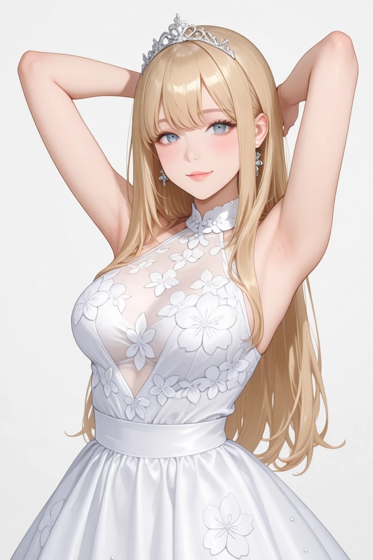 Best image quality, Excellent details, Ultra-high resolution, Best illustrations, Favorite Details, Very condensed one girl, Delicate and beautiful features, Woman with long blonde hair and large breasts in a dress, full body, three views from front, back and side, to many pose