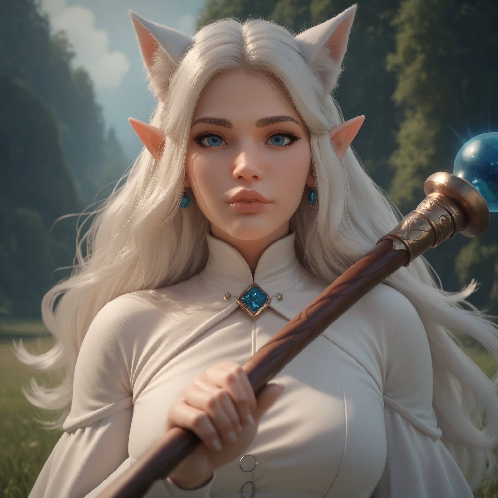Girl with white hair, plump lips, confident look, with small elf ears , white fox ears, Blue eyes, holds a staff, black and white clothes. The background is a meadow, best quality, masterpiece. all around the magic , she smiles. portrait.