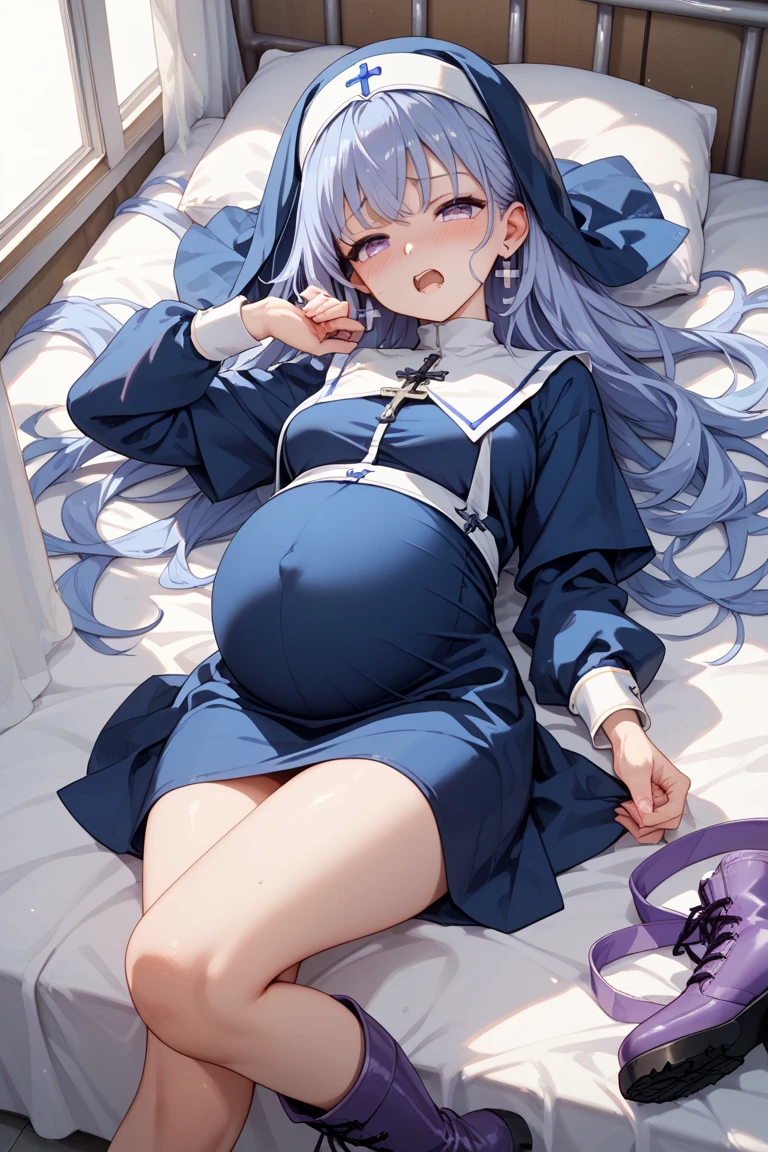 Elaina,white ash hair, anime girl, white shirt,black skirt, black cloak, pake face, sweating, heavy breath, blushing, pregnant, Pregnant  belly, (best quality:1.2), ultra-detailed,realistic ,portraits, vivid colors, soft lighting, interesting PoV, leaked pee(clear pee), spread kneel, Lie down  on bed, (the girl is leaked pee: 1.3), witch hat,