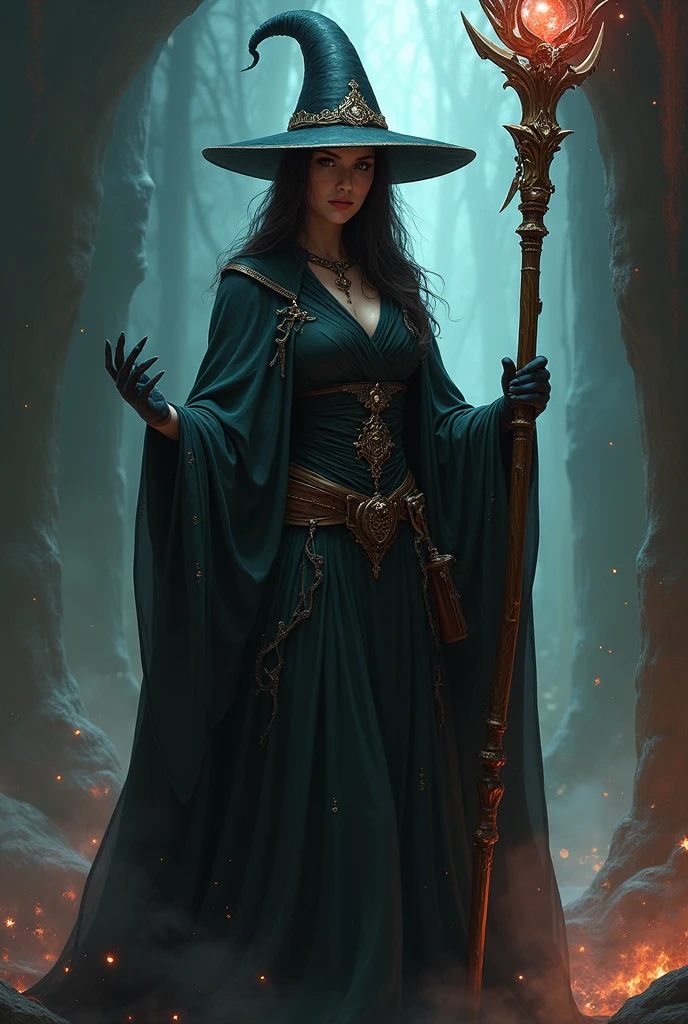 masterpiece, 1girl, Kuramitsu mihoshi, brown hair, dark skin, wizard's hat, wizard's robes, holding staff, smiling, blush, castle, brick floor, medieval, dust, fog, sunny, clouds, s, walking, full body, huge breast, thicc, blue eyes, nun, priestess,image must as like human
