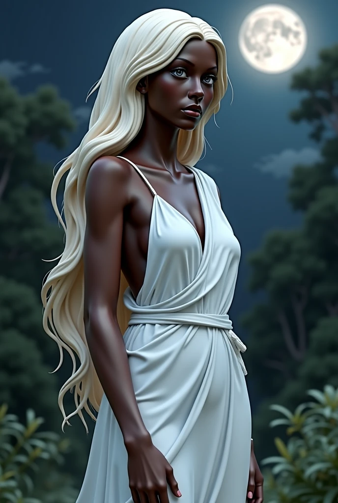 Create a highly detailed, realistic full body artwork of a stunning black anime girl with striking beauty. She should have long, flowing white hair contrasting beautifully with her dark complexion. She's portrayed wearing eye-catching white see-through panties and bra that complements her confident demeanor. The combination of her captivating presence, and the vivid white hair. The artwork should capture her essence and evoke a sense of strength, and beauty, with waterfalls in the background.
