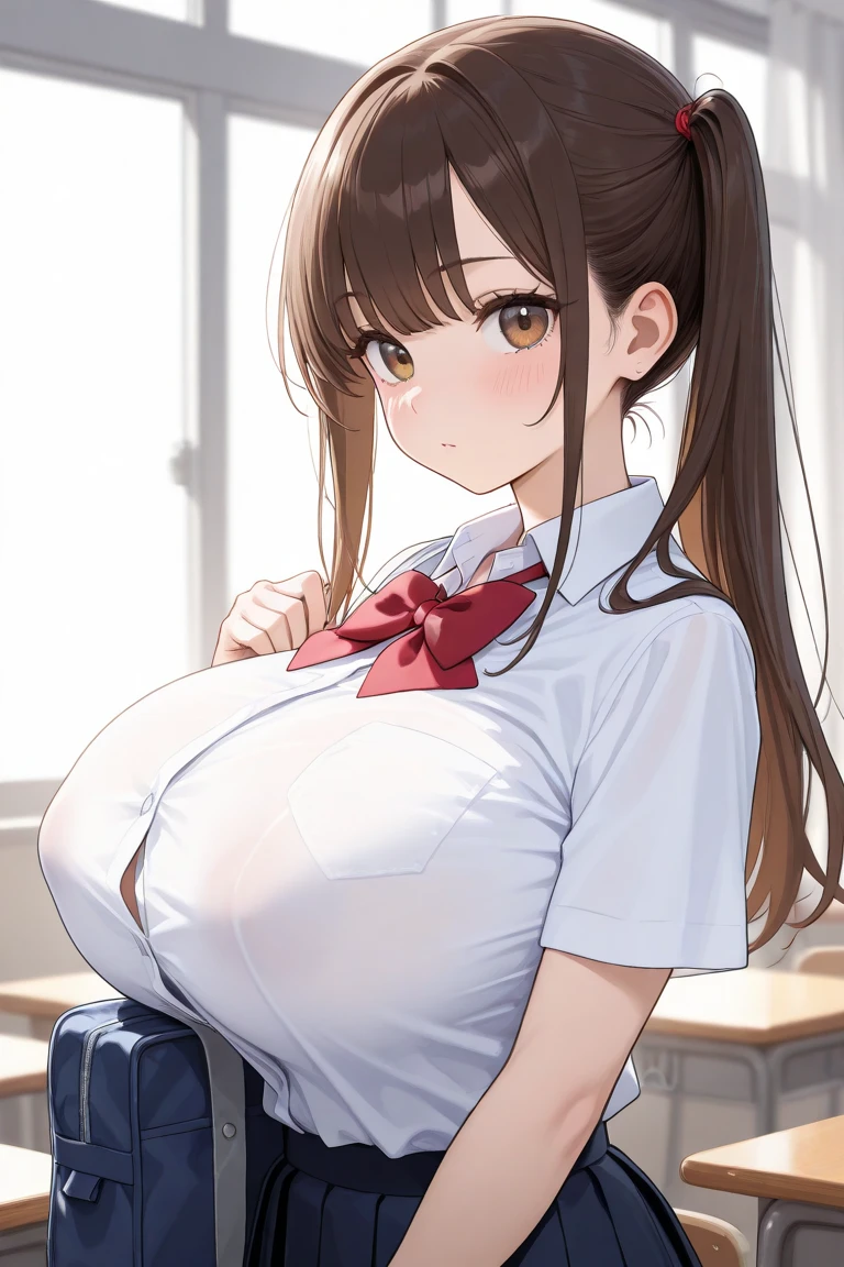 closeup upperbody,breasts focus,Looks bigger breasts,(bascule breasts:1.5),(Chewy breasts,tender breasts:1.3),blouse,(clothed breasts:1.4),(Floating up breasts:1.1),school Shirt,(schooluniform),Attract the attention of the public,crowd,classroom,indoor,crowd,Twin tails,Brown Hair,Big ribbon,hands to the viewer