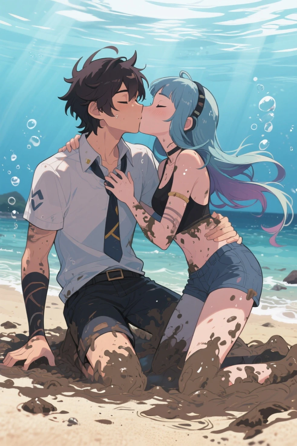 water, underwater, submerged, fully underwater, undersea, water shading, view through water, distorted light in water, water in hair, water running down body, water everywhere, wet, very wet, floating hair, dense atmosphere, atmospheric, foggy water, dense water, large air bubbles, side view, two shota boys, a shota boy lifting up and fucking another shota boy, a shota boy carrying another shota boy, kissing, kiss, carry, lift up, two boys fucking, big penis, thick penis, an anthro male shota shark pushing his penis into a human shota boy's ass, human penetrated, anthro penetrating, an anthro male shota shark holding a shota human boy's butt with both hands, black anthro male shota shark, detailed shark scales, black shark scales, (black body), black shark, black shark skin, black shark body, human shota boy, regular human boy, human without animal characteristics, underwater, pink hair, blue hair, shark tail, thick shark tail, naked, erect glowing cyan penis, glowing cyan penis in ass, erect penis haning below stomach, erect penis hanging down into water, thick penis, gay sex, anal sex, yaoi, Libido boy, Shota, muscles, well trained body, fit body, boyish, masculine, glowing cyan penis, erect penis standing forward between legs, erect penis, visible penis, thick penis, glowing cyan penis, cum, cum in ass, cumshot, excessive amounts of cum in ass, blushing, drooling, screaming, crying, sobbing, pain, creampie, dark, night, very dark, no light, darkness, light particles, distorted bloom, heavy bloom, fuzzy bloom, bloom, ray tracing, light reflections on every surface, fully underwater, bottom of the lake, sea grass, large underwater plants, underwater vegetation, bubbles, naked, plump butt, wristband, earring, tattoos, necklace, moaning, shouting, completely losing it, mouth wide open, shouting load, moaning heavily, screaming, hard, fuck hard, rough, rough sex, fuck hard, sobbing, tears, hearts, detailed eyes