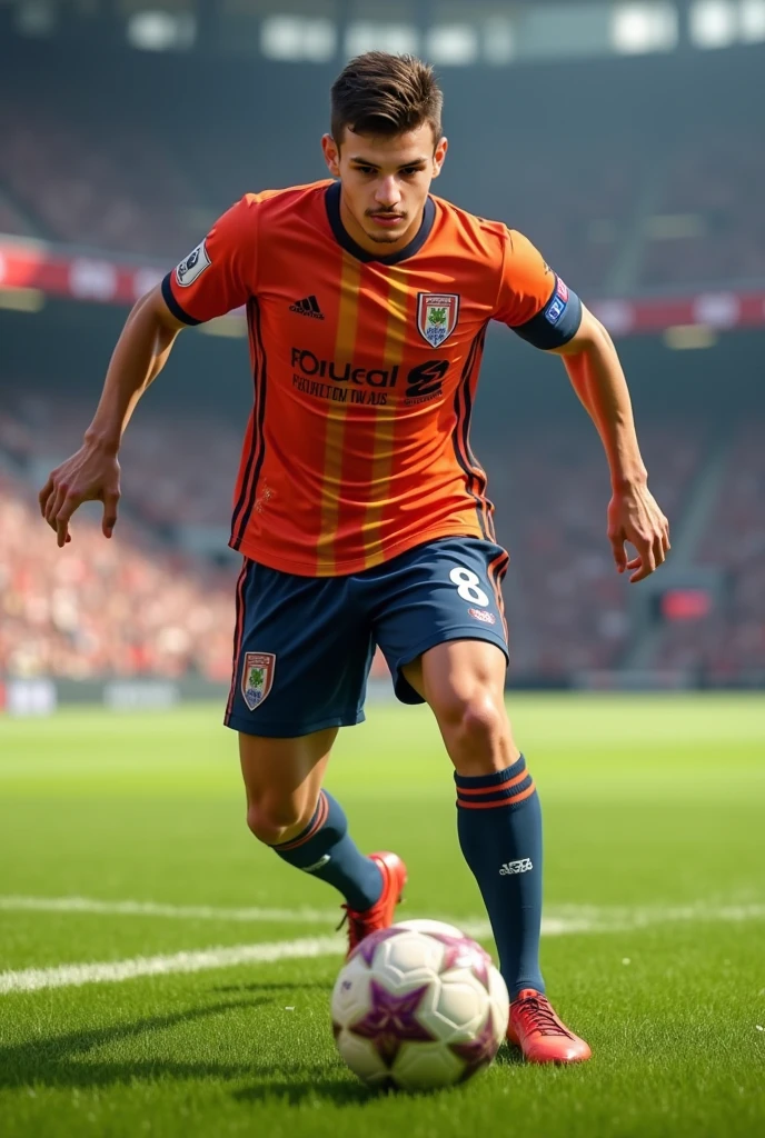 British male football player, (Amber eyes:1.25), Wearing a Soccer Suit, rich and colorful, play soccer, (Depth of Field:1.25), 8K resolution, Reality, masterpiece, Complex details, Natural Lighting, Volumetric Lighting, Concept Art, elegant, Art Station, sunshine