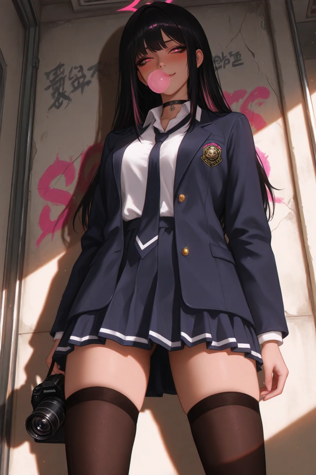 A woman is climbing the stairs at the station wearing a navy blue blazer uniform., alone, panties, underwear, pleated skirt, (shiny dark pink satin panties:1.3)、panties that cover the butt、Liar, Thighhighs, think back, realistic,Looking up from below