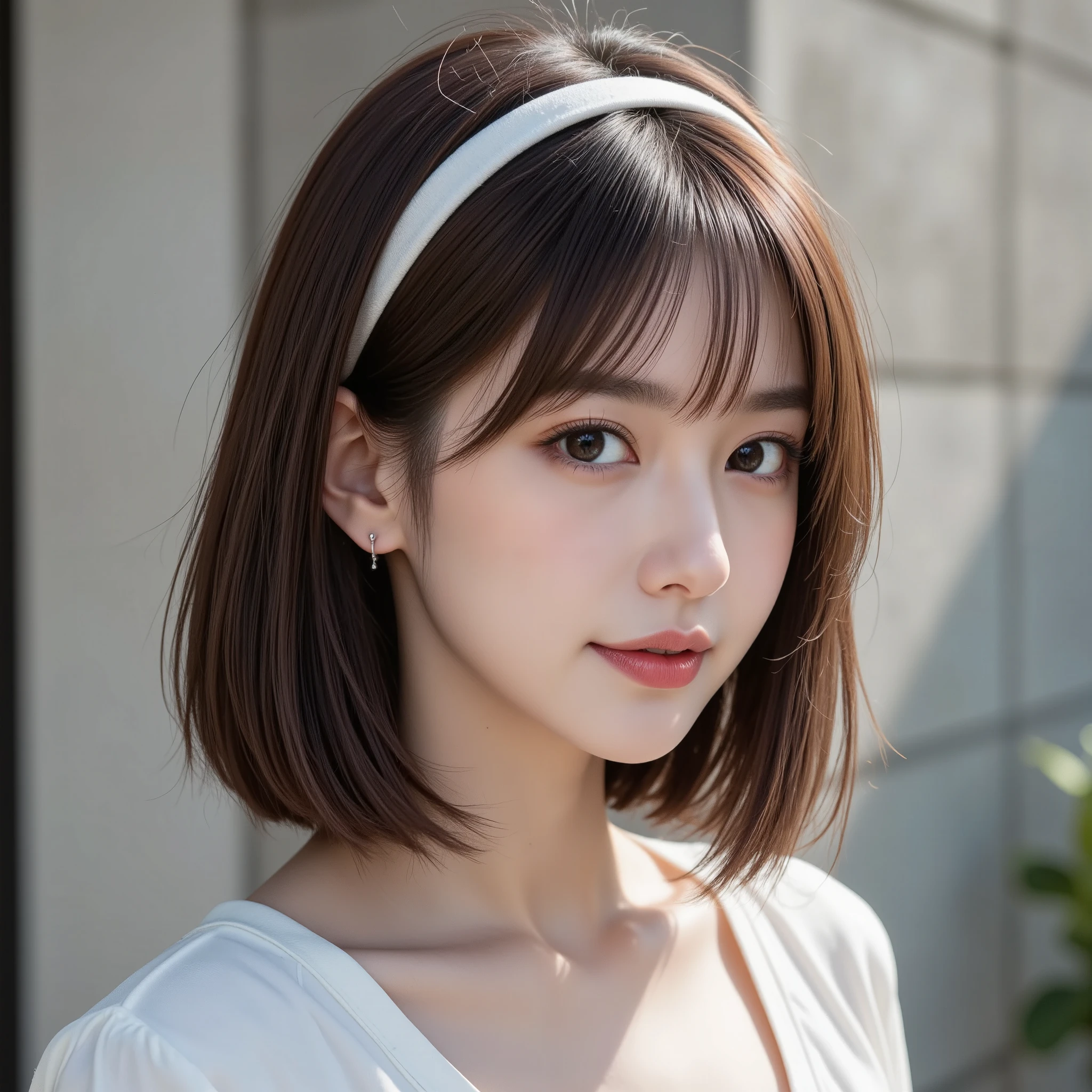 NSFW, (Uncensored), (Highest quality), (Ultra-precise CG 16K wallpaper), (Realistic), (High saturation), (Sharp), Beautiful detailed shading, Beautiful natural lighting, Beautiful detailed glow, Natural light, Depth of field, (Mature 24 year old woman, One person), (Beautiful Japanese face), (Straight bob hairstyle with bangs down, white hairband), (Shiny brown hair), (Sparkling eyes), (Afternoon sunlight), (Woman smiling with mouth open: 1.5), (The woman is looking at me), (Standing pose), (Concrete wall), (Full screen image), (Close-up shot of woman's nose), (Image of woman looking at diagonal front), (Woman standing in front of wall),