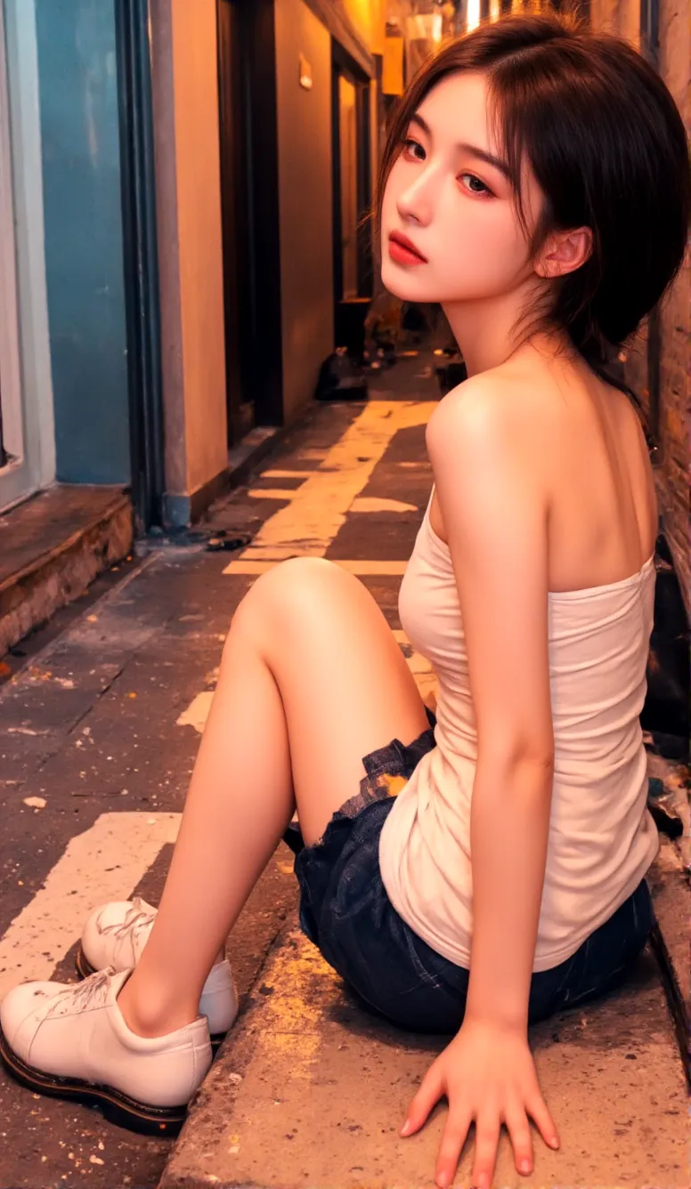 Beautiful woman，Playing with your cell phone in the middle of the street，Low cut hip toe, Short clothes