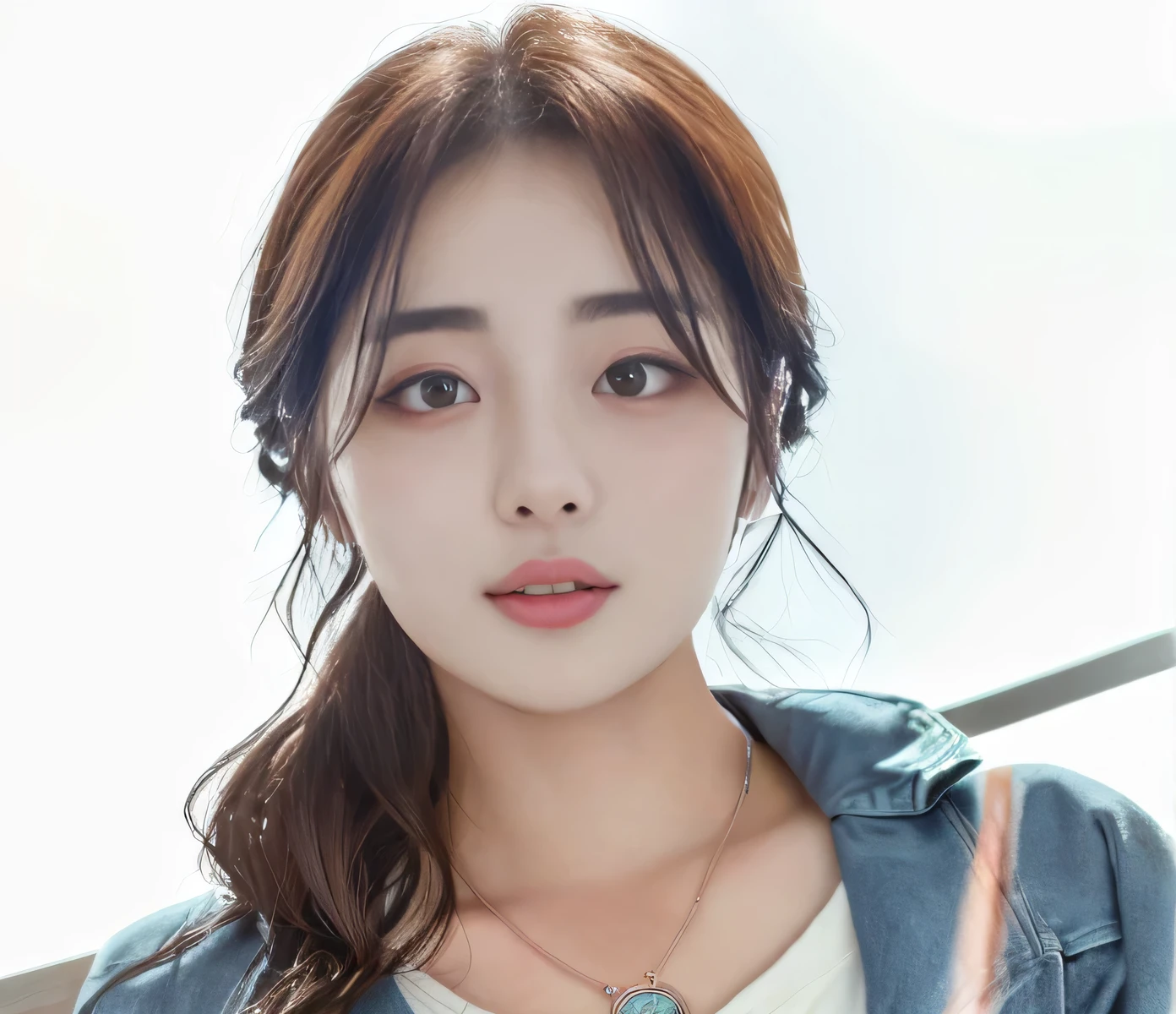 There is a woman wearing a blue jacket and a necklace, young adorable Korean face, Korean Symmetrical Face , Young cute face, Young and cute asian face, round face, Korean facial features , realistic. Chen Yi, realistic beautiful face, The skin is light brown , Korean, kawaii realistic portrait, One Adorable Korean Face, 8000 yen photo