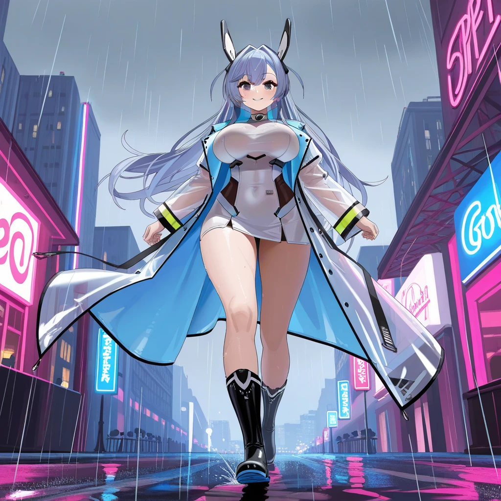 ((best quality)), (detailed), 1 brutal women, 8k_wallpaper, extremely detailed eyes, (large masterpiece digital art), (intricate details:1.3 ), (ultra-detailed:1.3), (sharp focus:1.3), (natural lighting:1.05), (vivid colors:1.3), (best quality:1.4), expressive eyes, full body, detailed face, beautiful face, perfect face, ((hair black curls)), ((blue horns)), (gold eyes), {{dark skin}}, ({dark skinned female}), (big breasts), huge chest, big wide ass, powerful relief muscles of the abdomen and legs, powerful strong muscles of the arms, a predatory aggressive smile with many fangs and a cruel predatory gaze, dressed in an open white coat with rolled up sleeves, a translucent dark blue crop top through the fabric, the clear outlines of large pointed nipples are visible, denim mini-shorts, leather gloves, steel bracelets, a large hiking backpack, walks through the city at night against the backdrop of neon signs advertising and labels of adult establishments, against the backdrop of bars and brothels, in the style of cyberpunk and rock and fantasy of the distant future,