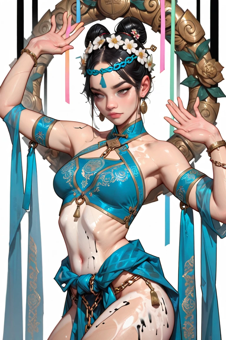 picture, 1 girl, solo, short sleeve, green eyes, looking at viewer, (crying), simple background, heart 1girl,steam, thong, (Chun-Li), cheongsam,pregnant woman, tense underwear, white underwear, excited face, sweat-soaked skin, face asking for help, full body portrait --auto --s2