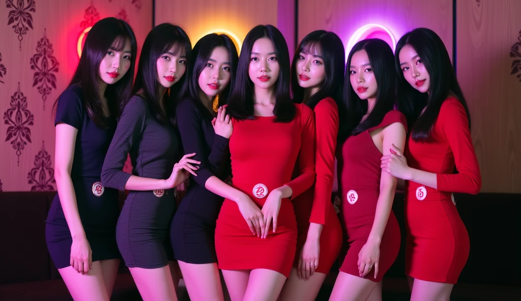 5 Asian girls ,Big tits , office girl outfit , Low angle camera,sexy, Rope Punch , White shirt, red skirt, red lips , seductive pose ,Milk handle ,Kiss on the mouth.,Background of several naked men flying kites